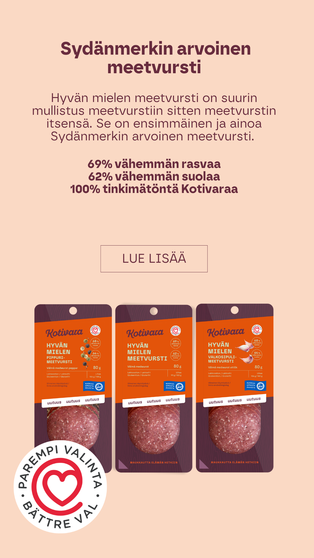 Kotivaran Sydänmerkityn Hyvän mielen meetvurstin makuvariantit