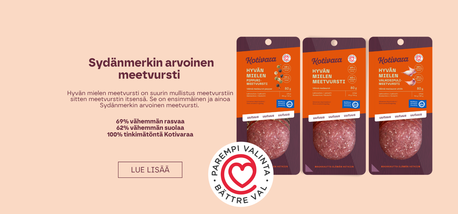 Kotivaran Sydänmerkityn Hyvän mielen meetvurstin makuvariantit